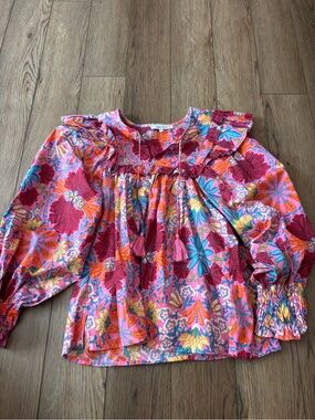 Olivaceous Pink Floral Print Top with Multicolor Accents